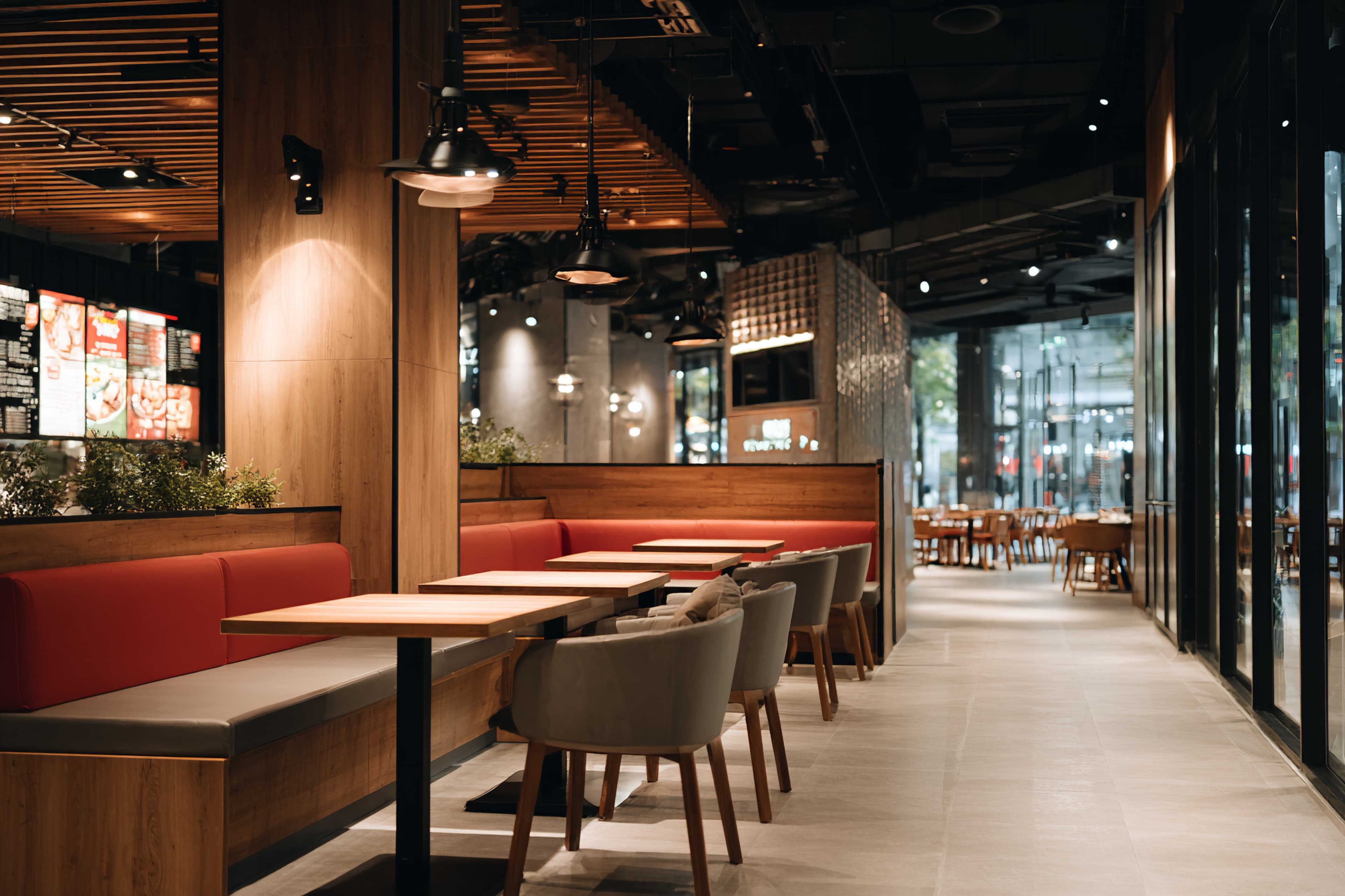 Modern casual restaurant with booth seating