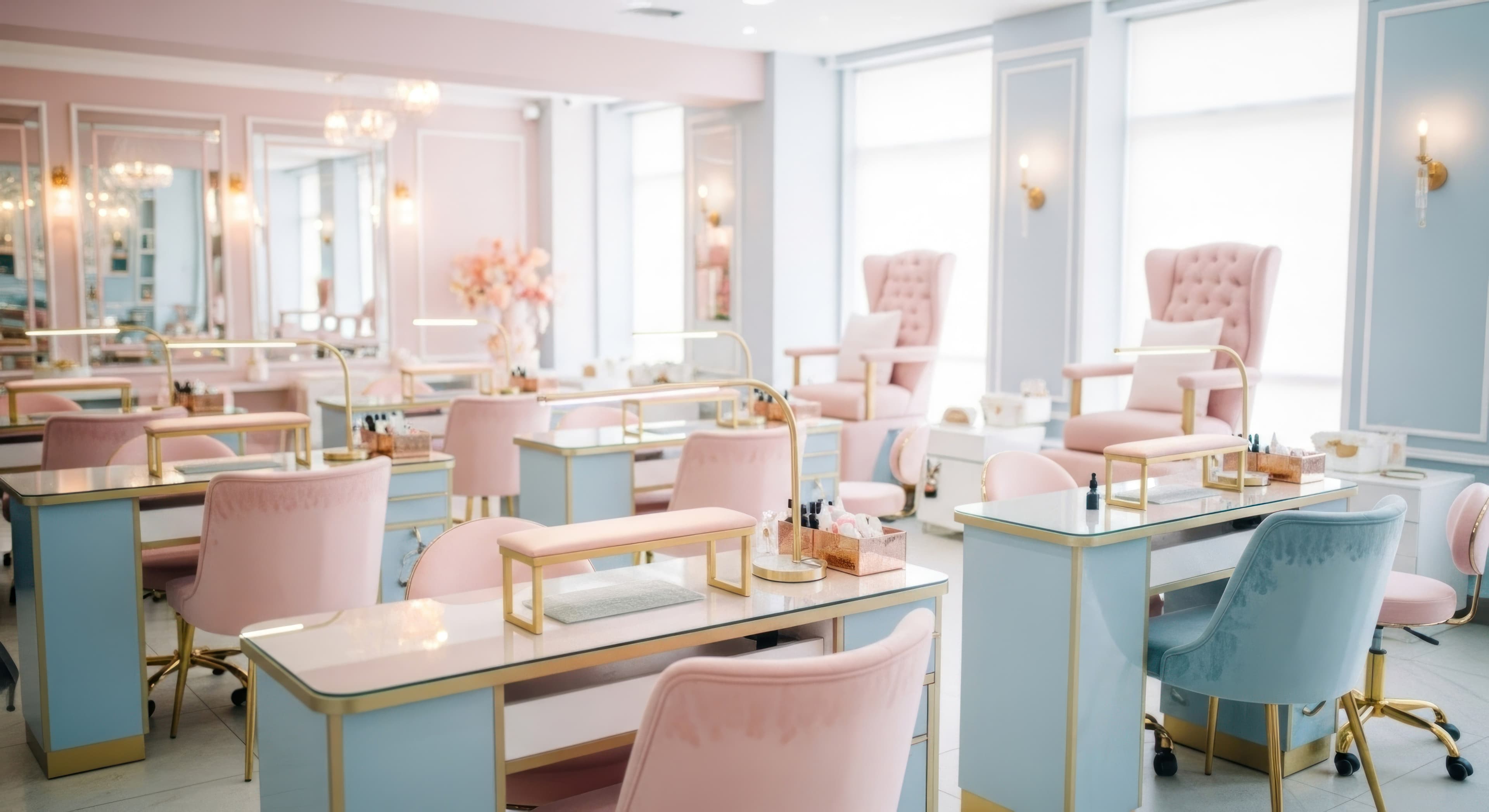 Upscale nail salon with pink and blue decor